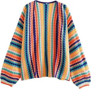 CHARTOU Womens Rainbow Striped Cable Knit Cardigan Sweaters Open Front Color Block Loose Long Sleeve Outwear