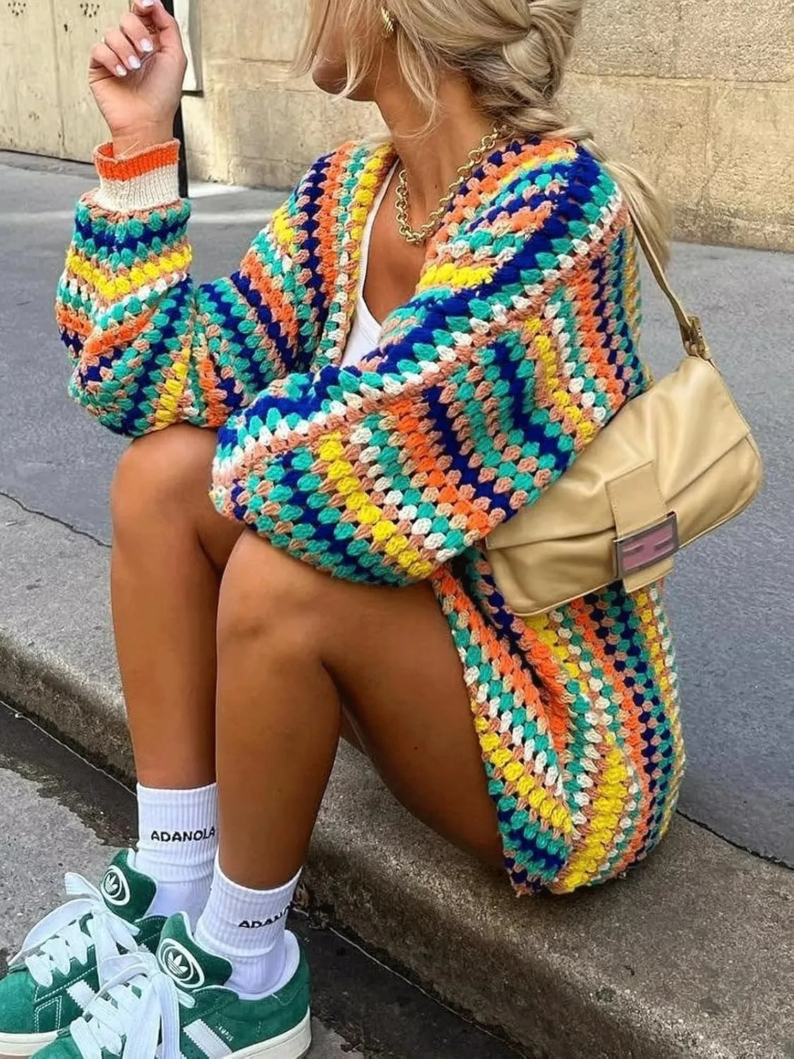 CHARTOU Womens Rainbow Striped Cable Knit Cardigan Sweaters Open Front Color Block Loose Long Sleeve Outwear