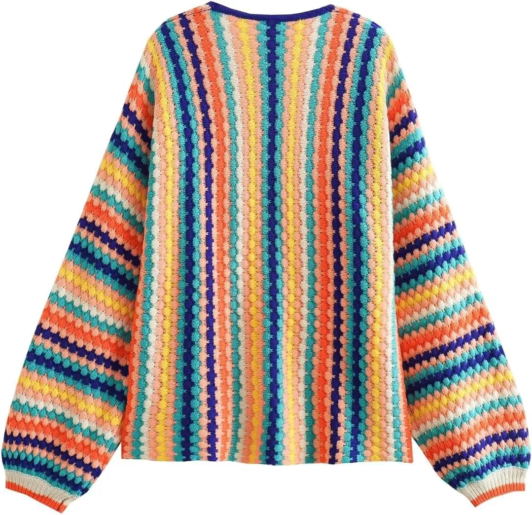 CHARTOU Womens Rainbow Striped Cable Knit Cardigan Sweaters Open Front Color Block Loose Long Sleeve Outwear