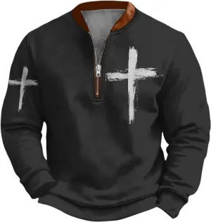 Christian Sweatshirts for Men 1/4 Zip Jacket Jesus Cross Graphic Print Pullover Sweatshirt Vintage Fashion Tops