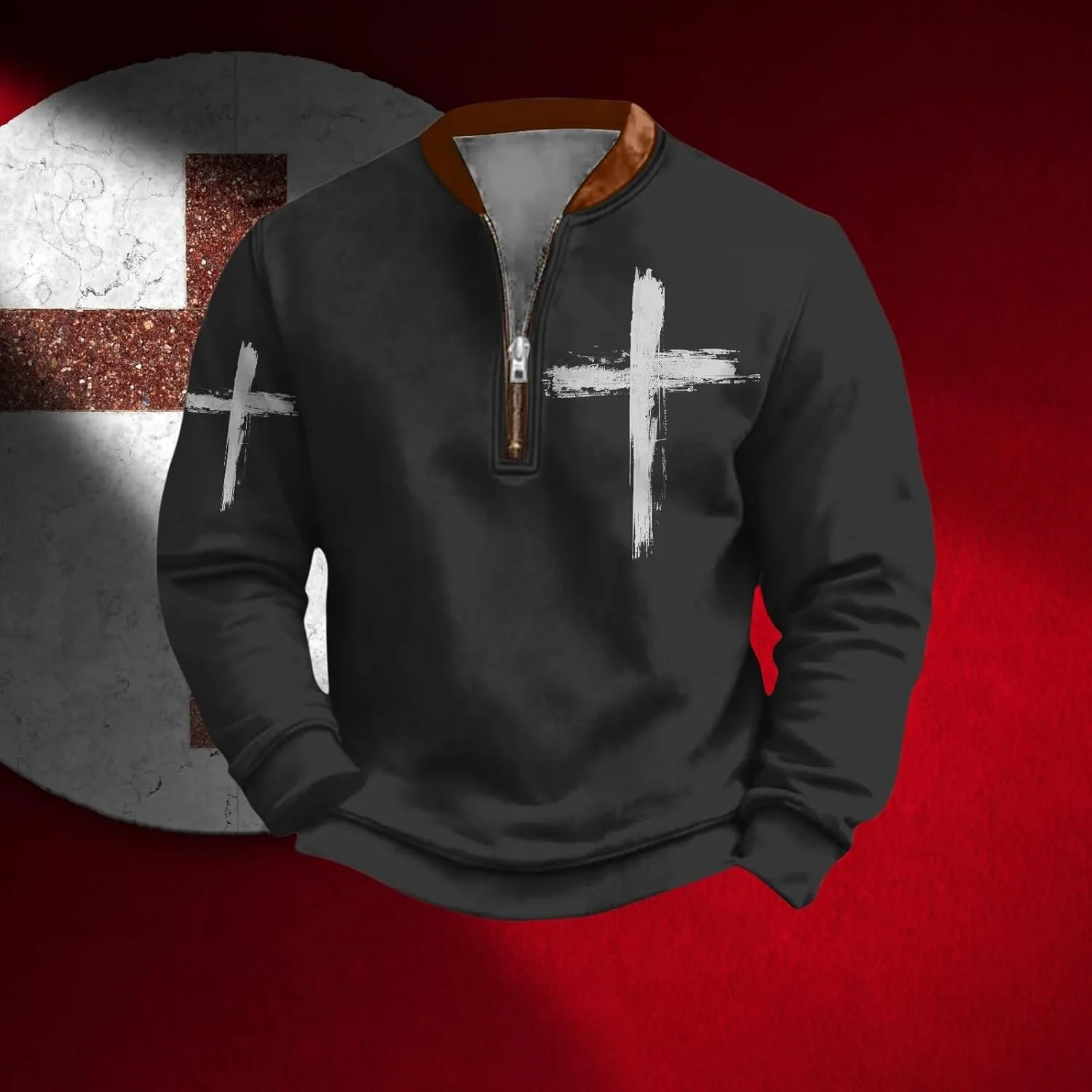 Christian Sweatshirts for Men 1/4 Zip Jacket Jesus Cross Graphic Print Pullover Sweatshirt Vintage Fashion Tops