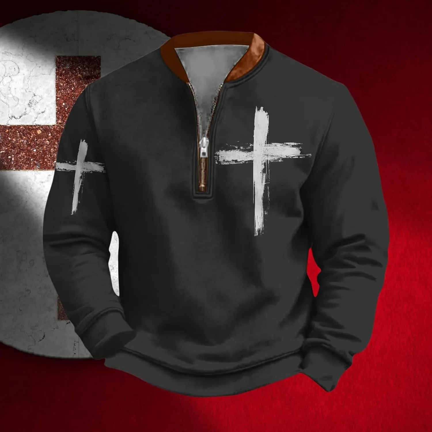 Christian Sweatshirts for Men 1/4 Zip Jacket Jesus Cross Graphic Print Pullover Sweatshirt Vintage Fashion Tops