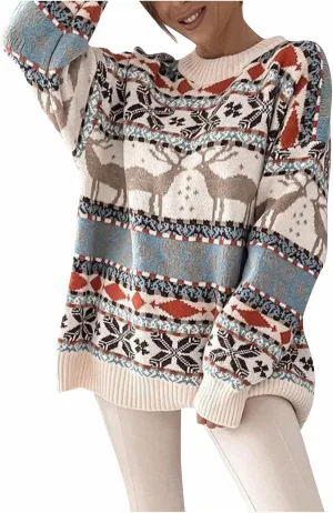 Christmas Sweaters for Women Xmas Reindeer Funny Ugly Sweater Long Sleeve Basic Cable Knit Sweaters Crewneck Cozy Top