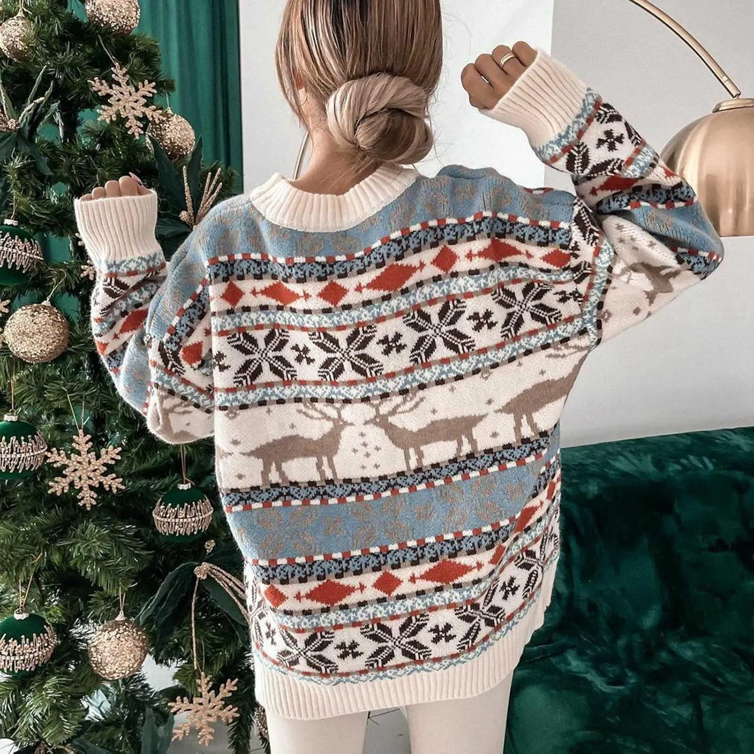 Christmas Sweaters for Women Xmas Reindeer Funny Ugly Sweater Long Sleeve Basic Cable Knit Sweaters Crewneck Cozy Top