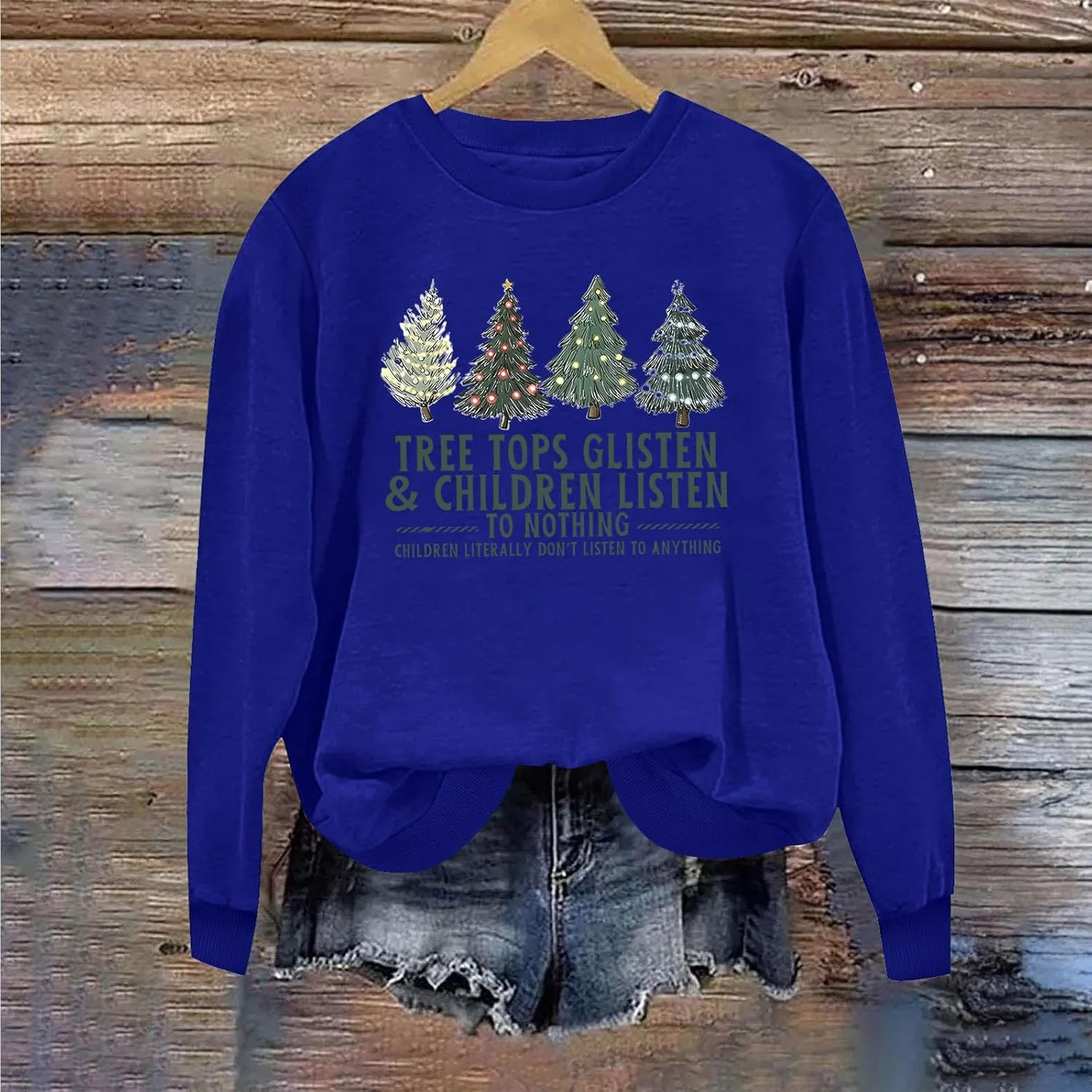 Christmas Sweatshirt for Women Xmas Tree Print Crewneck Long Sleeve Tree Tops Glisten & Children Listen Pullover Tops