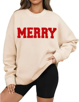 Christmas Sweatshirts for Women Oversized Merry Letter Graphic Sweatshirt Chenille Patch Pullover Funny Xmas Tops