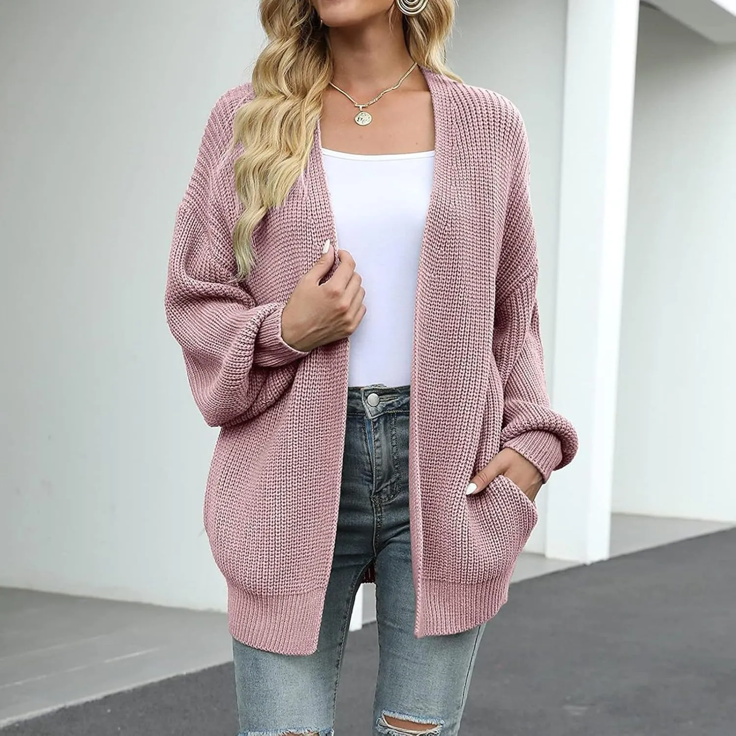 Chunky Cardigan Sweaters for Women Loose Fit Open Front Cardigan Oversized Cable Knit Sweaters with Pockets