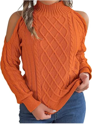 Cold Shoulder Sweater for Women Sexy Knit Sweater Turtle Neck Long Sleeve Top Oversized Vintage Blouse Short Tops