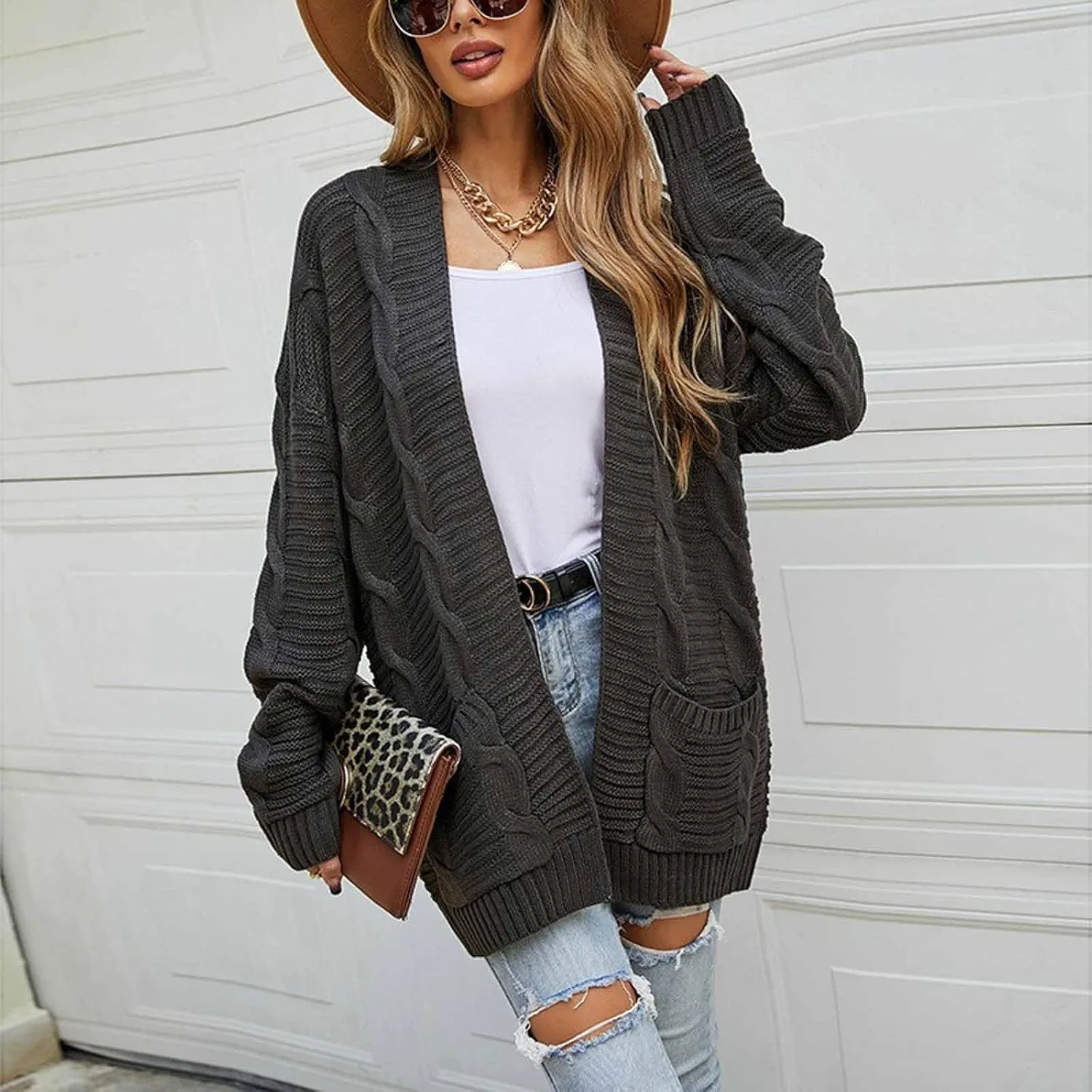 Color Block Cardigan Sweaters for Women Long Sleeve Cardigan Cable Knit Open Front Cardigan with Pockets