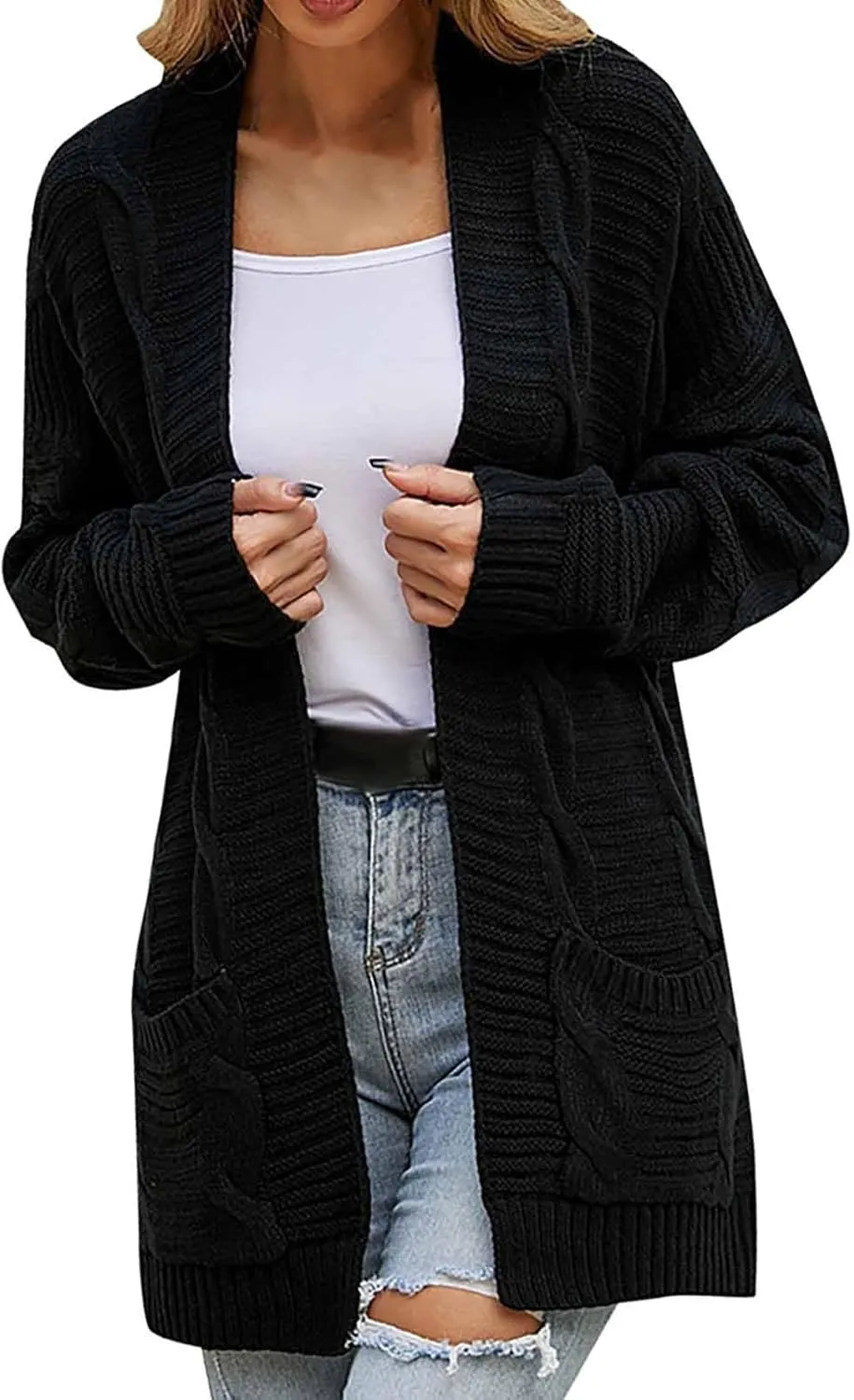 Color Block Cardigan Sweaters for Women Long Sleeve Cardigan Cable Knit Open Front Cardigan with Pockets