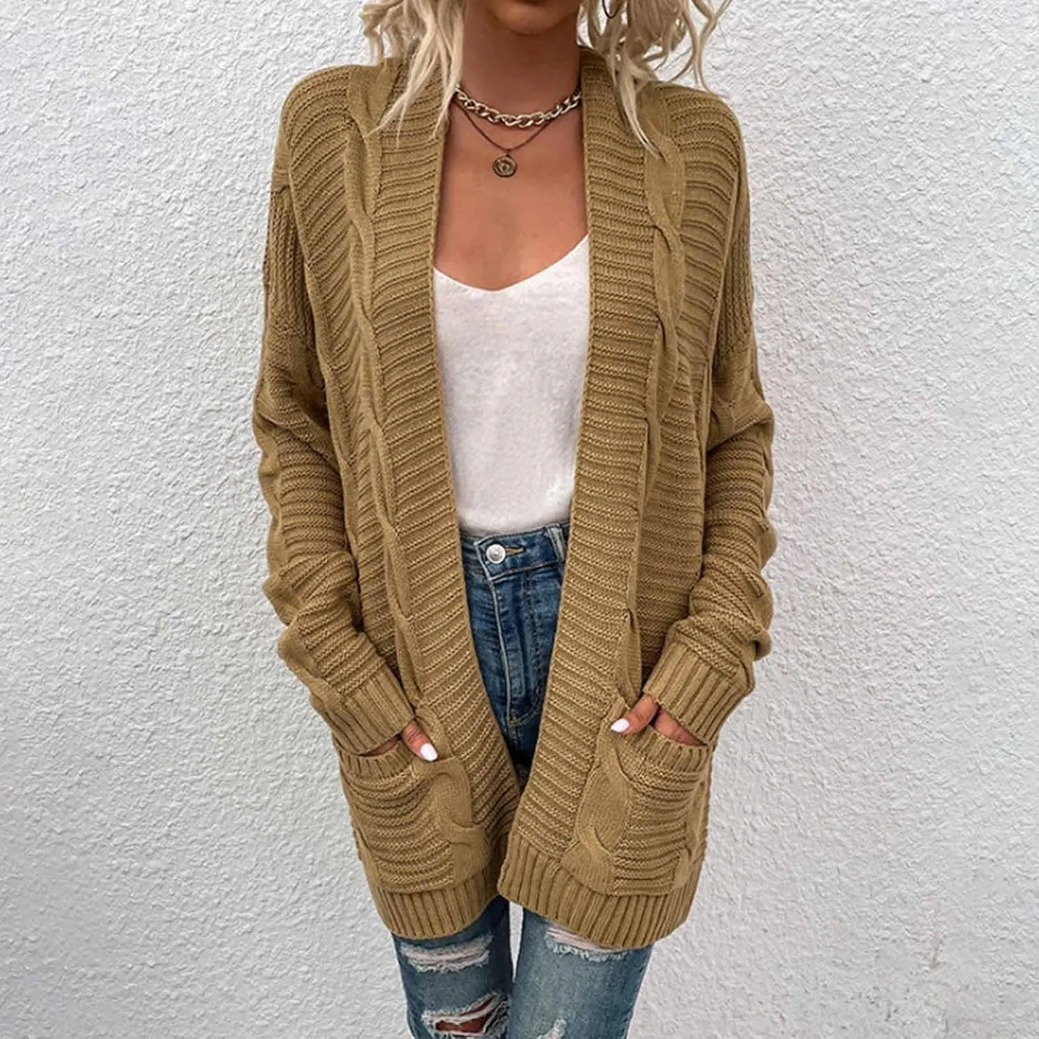 Color Block Cardigan Sweaters for Women Long Sleeve Cardigan Cable Knit Open Front Cardigan with Pockets