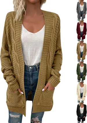 Color Block Cardigan Sweaters for Women Long Sleeve Cardigan Cable Knit Open Front Cardigan with Pockets
