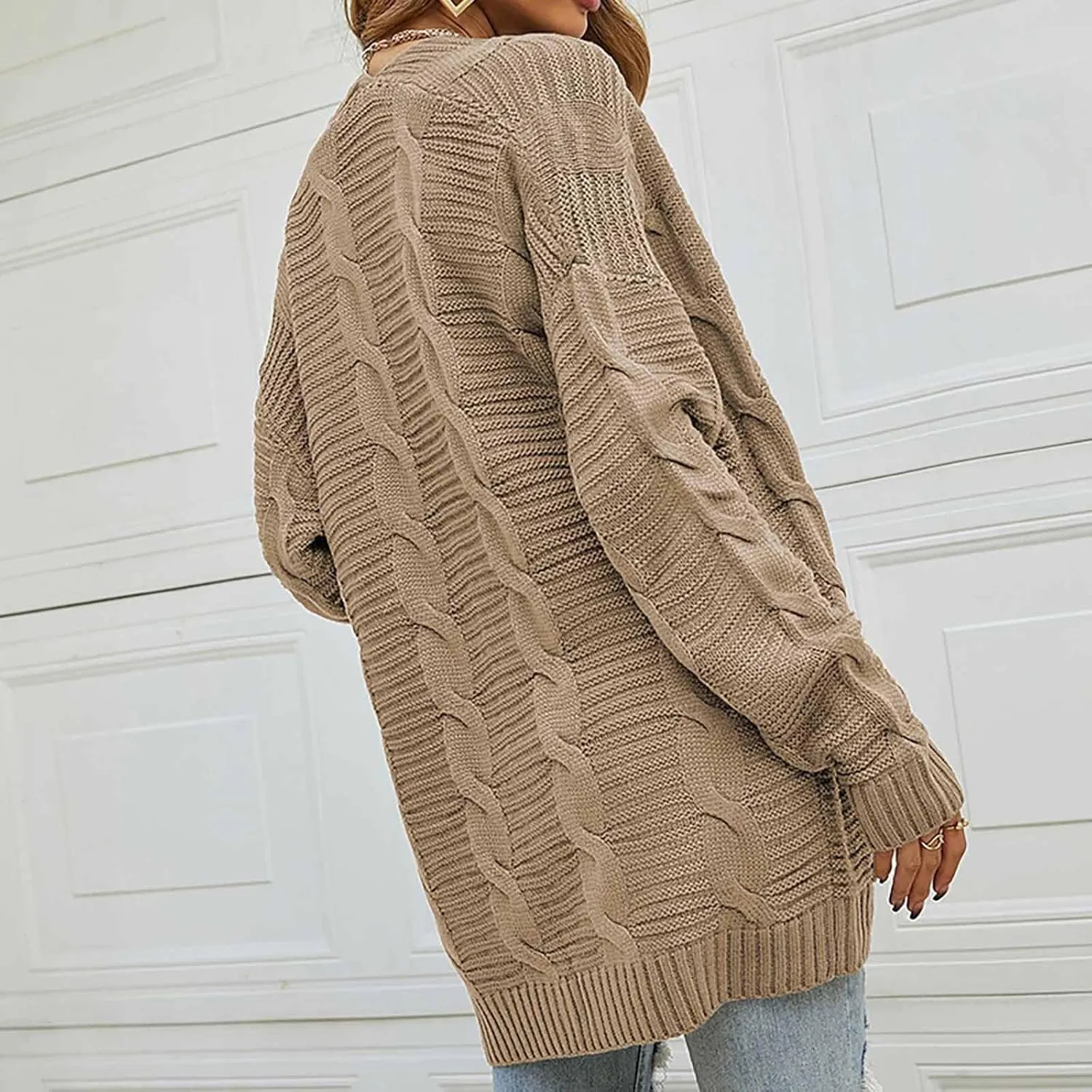 Color Block Cardigan Sweaters for Women Long Sleeve Cardigan Cable Knit Open Front Cardigan with Pockets