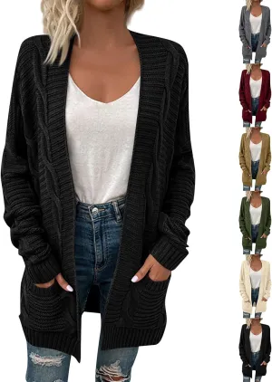 Color Block Cardigan Sweaters for Women Long Sleeve Cardigan Cable Knit Open Front Cardigan with Pockets
