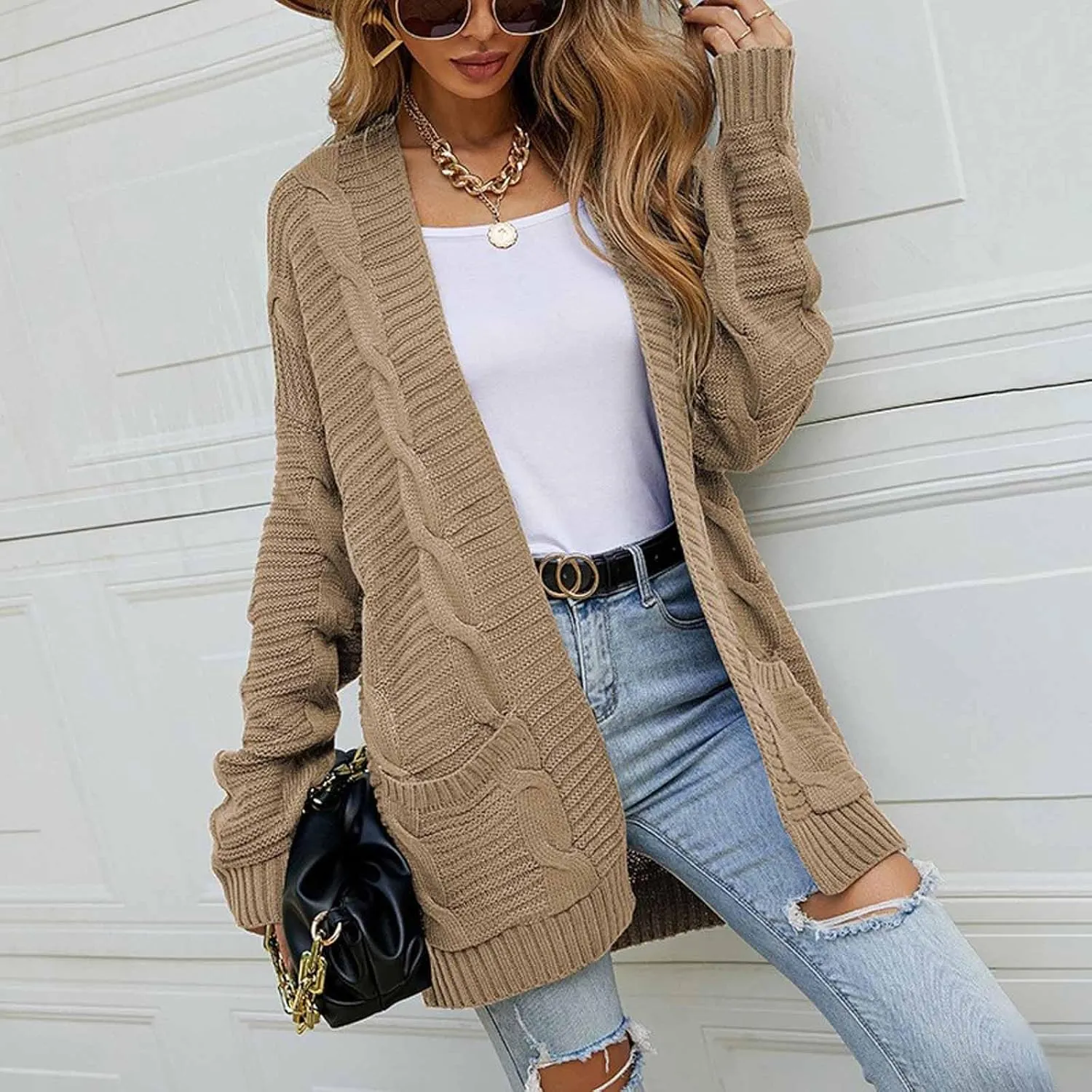 Color Block Cardigan Sweaters for Women Long Sleeve Cardigan Cable Knit Open Front Cardigan with Pockets