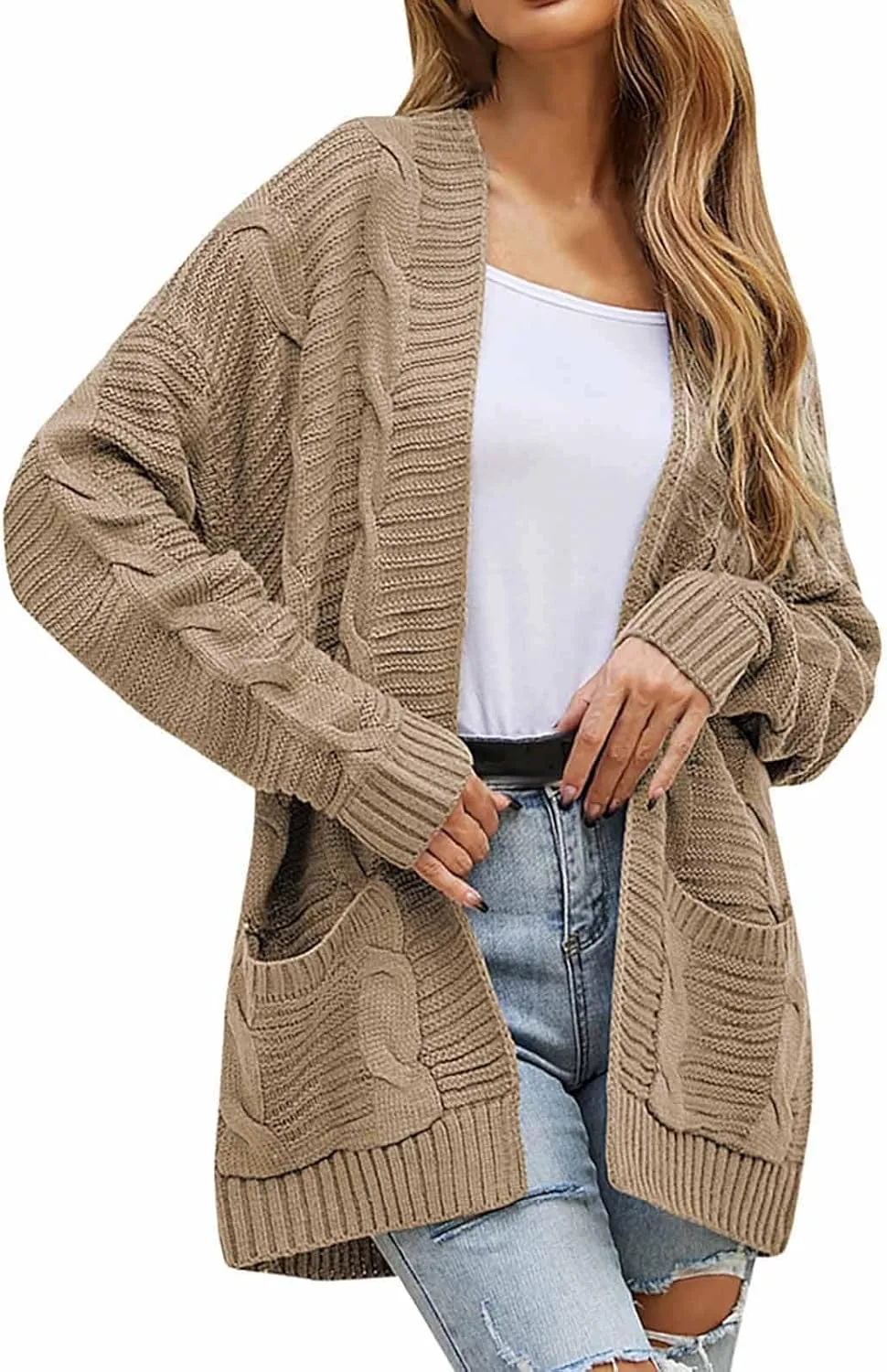 Color Block Cardigan Sweaters for Women Long Sleeve Cardigan Cable Knit Open Front Cardigan with Pockets