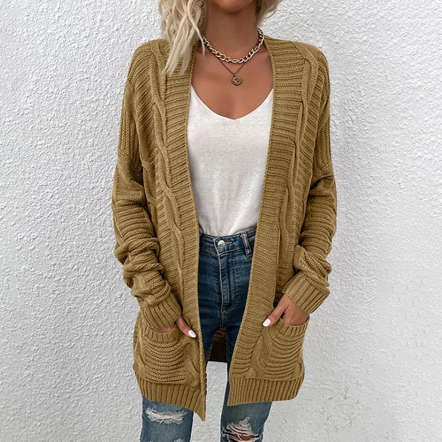 Color Block Cardigan Sweaters for Women Long Sleeve Cardigan Cable Knit Open Front Cardigan with Pockets