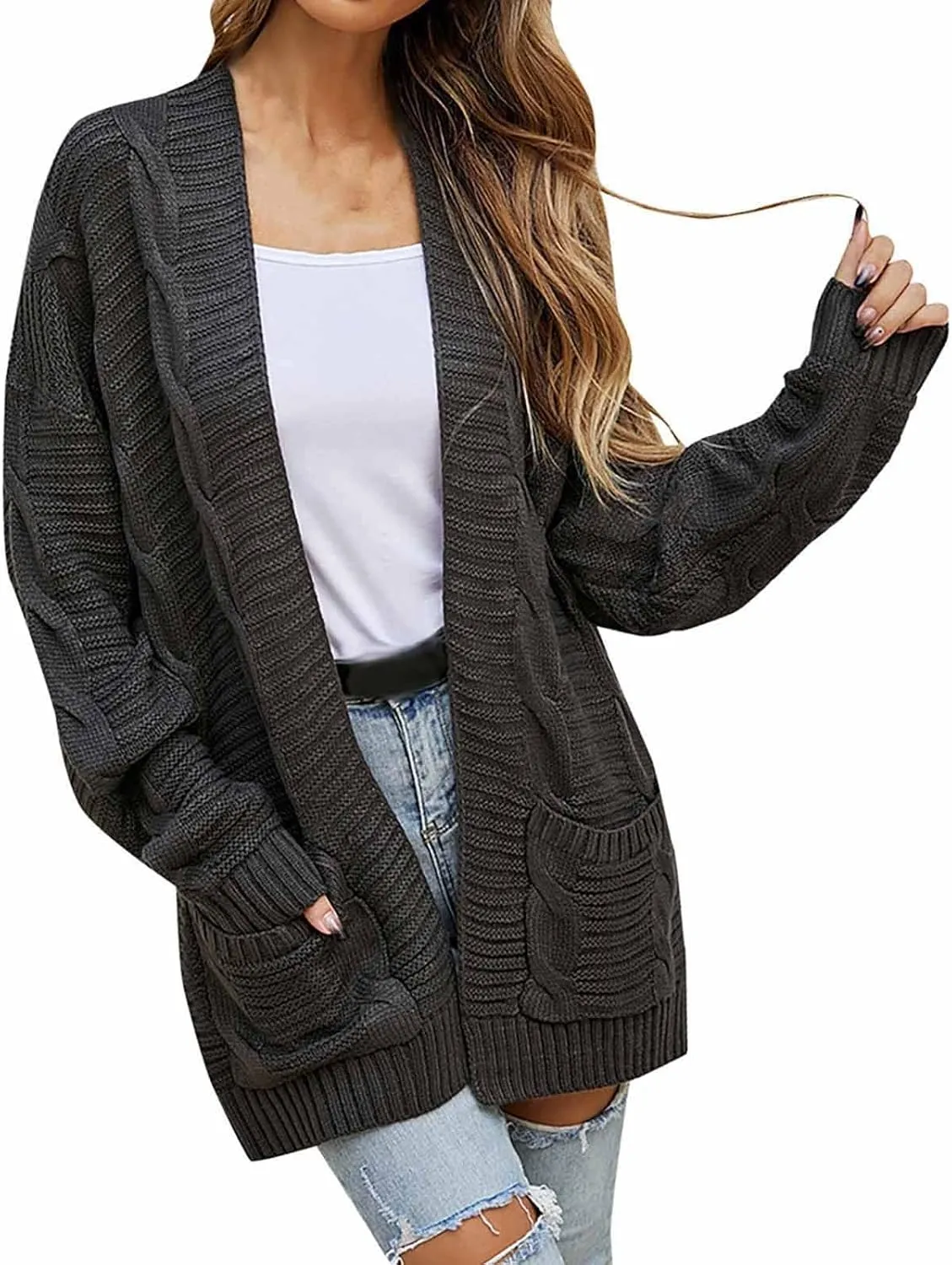 Color Block Cardigan Sweaters for Women Long Sleeve Cardigan Cable Knit Open Front Cardigan with Pockets