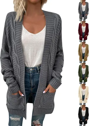 Color Block Cardigan Sweaters for Women Long Sleeve Cardigan Cable Knit Open Front Cardigan with Pockets