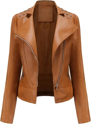 cooki Womens Fashion Slim Fit Zip up Faux Leather Biker Jacket Faux Leather Moto Jacket Casual Short PU Biker Coats