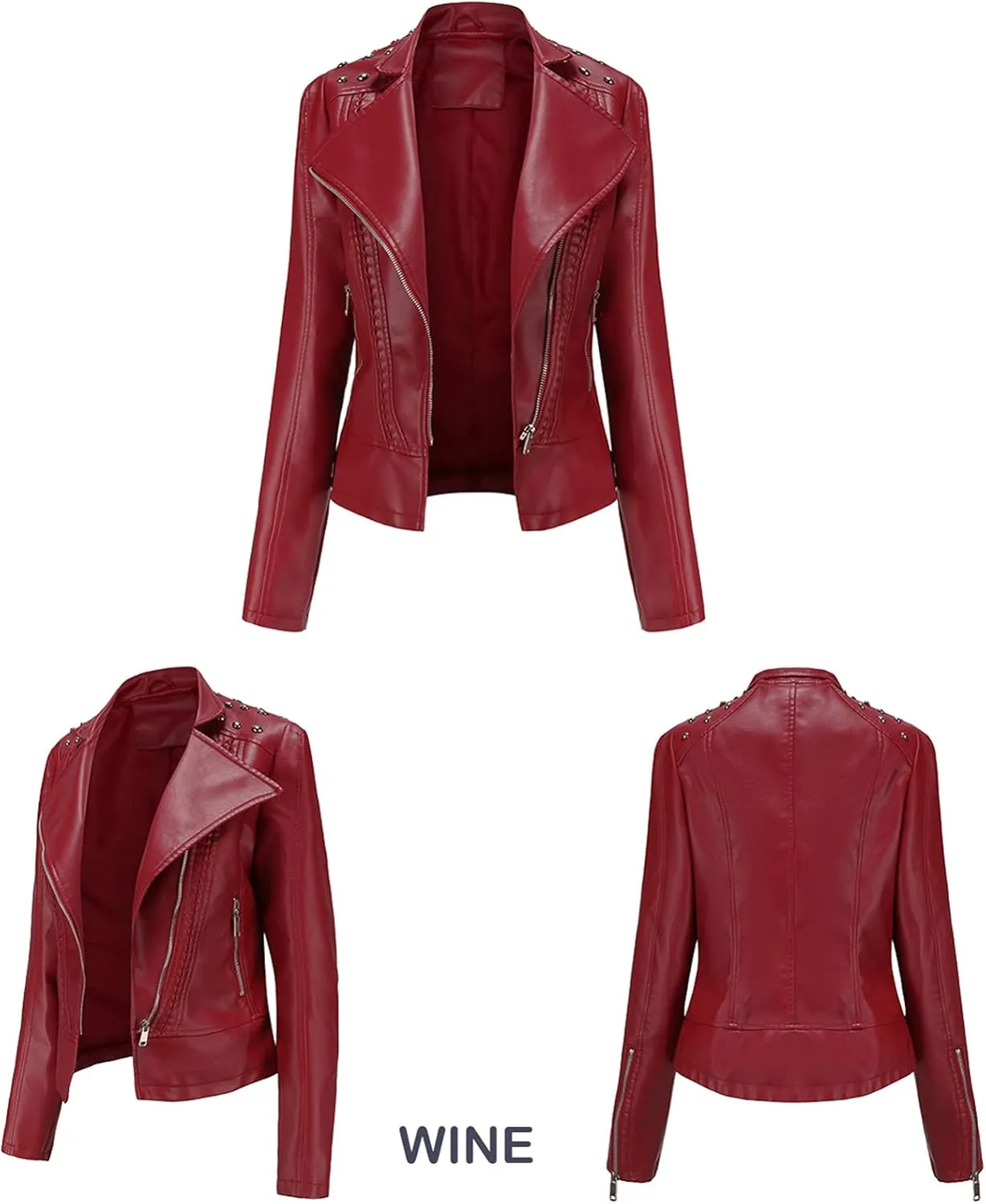 cooki Womens Fashion Slim Fit Zip up Faux Leather Biker Jacket Faux Leather Moto Jacket Casual Short PU Biker Coats