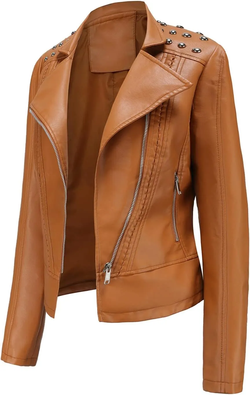 cooki Womens Fashion Slim Fit Zip up Faux Leather Biker Jacket Faux Leather Moto Jacket Casual Short PU Biker Coats