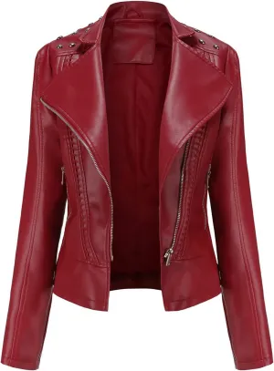 cooki Womens Fashion Slim Fit Zip up Faux Leather Biker Jacket Faux Leather Moto Jacket Casual Short PU Biker Coats