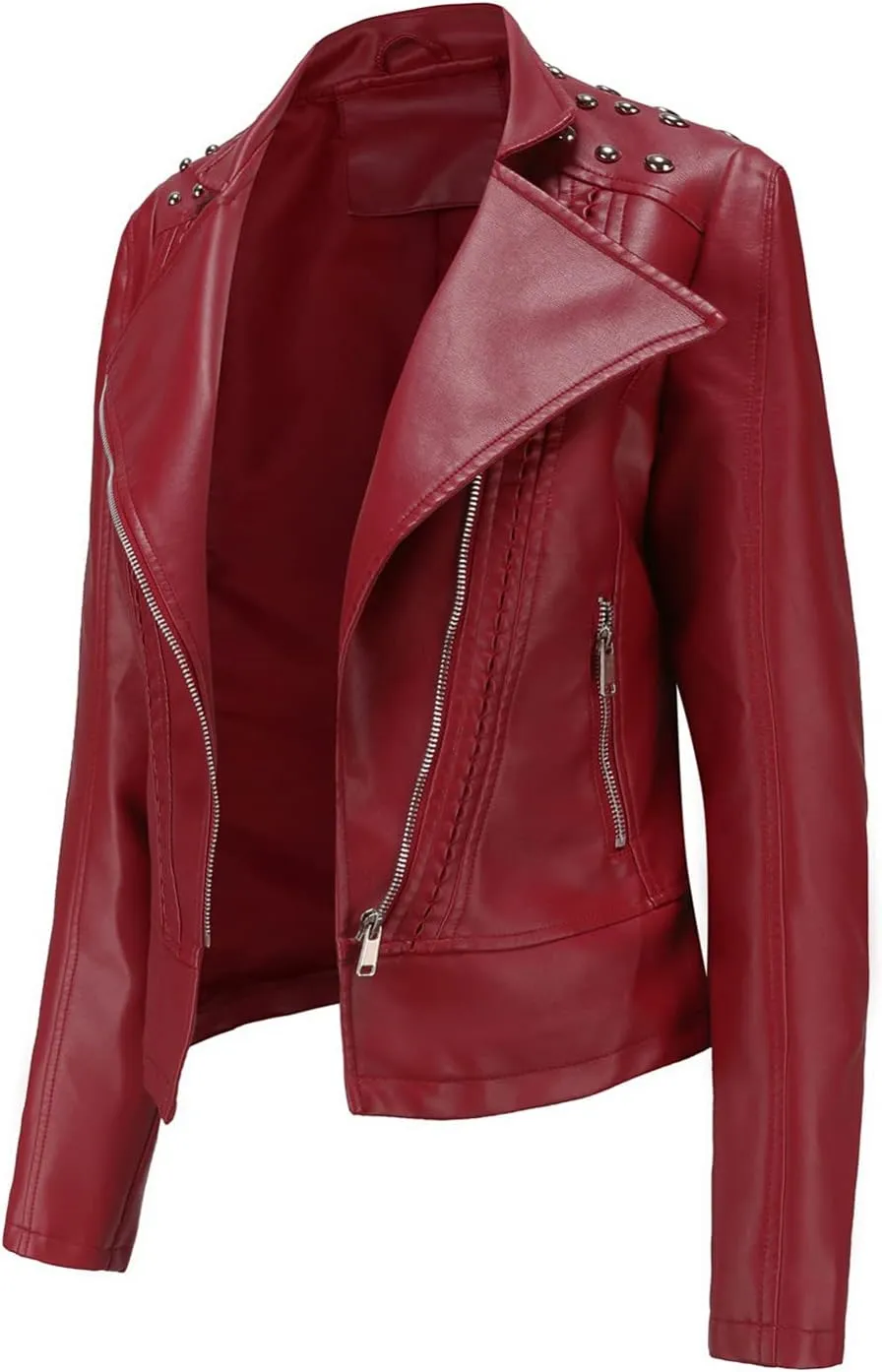 cooki Womens Fashion Slim Fit Zip up Faux Leather Biker Jacket Faux Leather Moto Jacket Casual Short PU Biker Coats