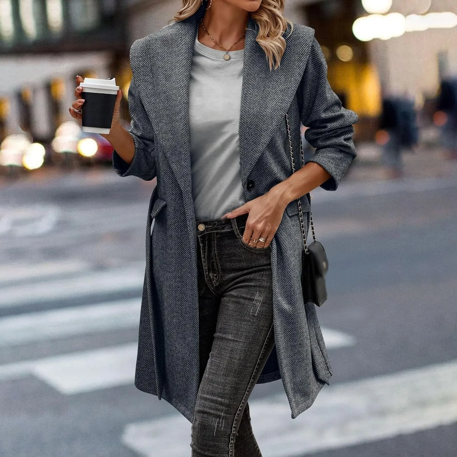 cooki womens winter coats Wool Blend Coats for Women With Pockets Warm Thicken Soft Trench Coats Lapel Loose Plaid Pea Coats