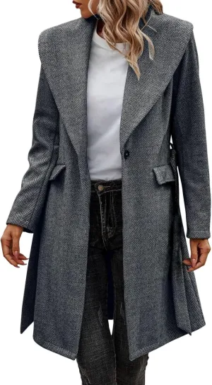 cooki womens winter coats Wool Blend Coats for Women With Pockets Warm Thicken Soft Trench Coats Lapel Loose Plaid Pea Coats