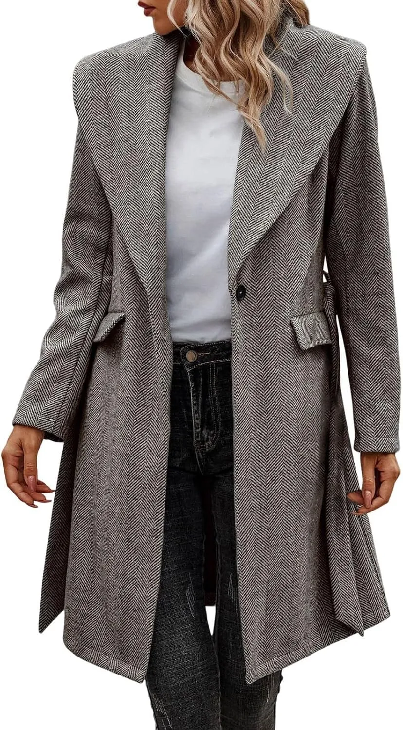 cooki womens winter coats Wool Blend Coats for Women With Pockets Warm Thicken Soft Trench Coats Lapel Loose Plaid Pea Coats