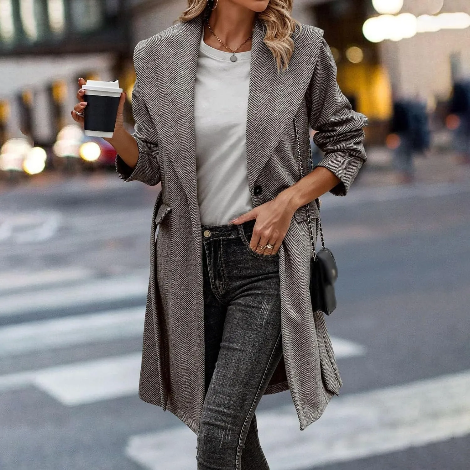 cooki womens winter coats Wool Blend Coats for Women With Pockets Warm Thicken Soft Trench Coats Lapel Loose Plaid Pea Coats