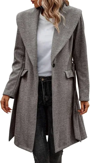 cooki womens winter coats Wool Blend Coats for Women With Pockets Warm Thicken Soft Trench Coats Lapel Loose Plaid Pea Coats