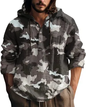 Cotton Linen Hoodie for Men Men's Casual Fashion Hooded Spring and Autumn Long Sleeve 3D Plaid Long Men's