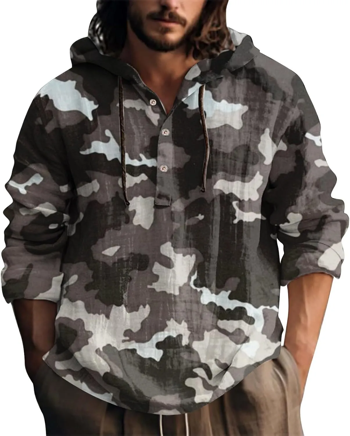 Cotton Linen Hoodie for Men Men's Casual Fashion Hooded Spring and Autumn Long Sleeve 3D Plaid Long Men's