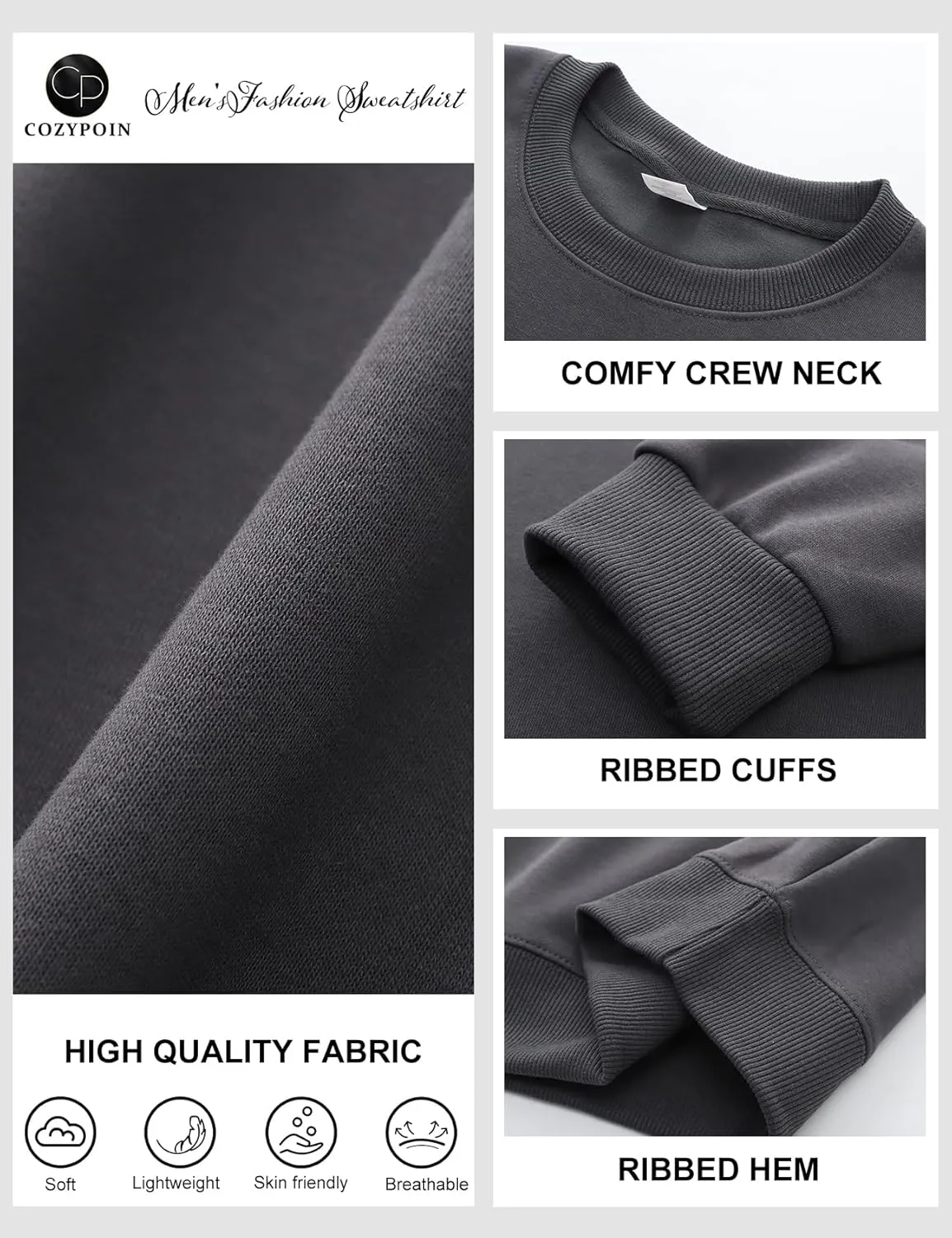 COZYPOIN Crewneck Sweatshirt for Men Long Sleeve Comfort Breathable Midweight Workout Casual Pullover Basic Sweatshirts
