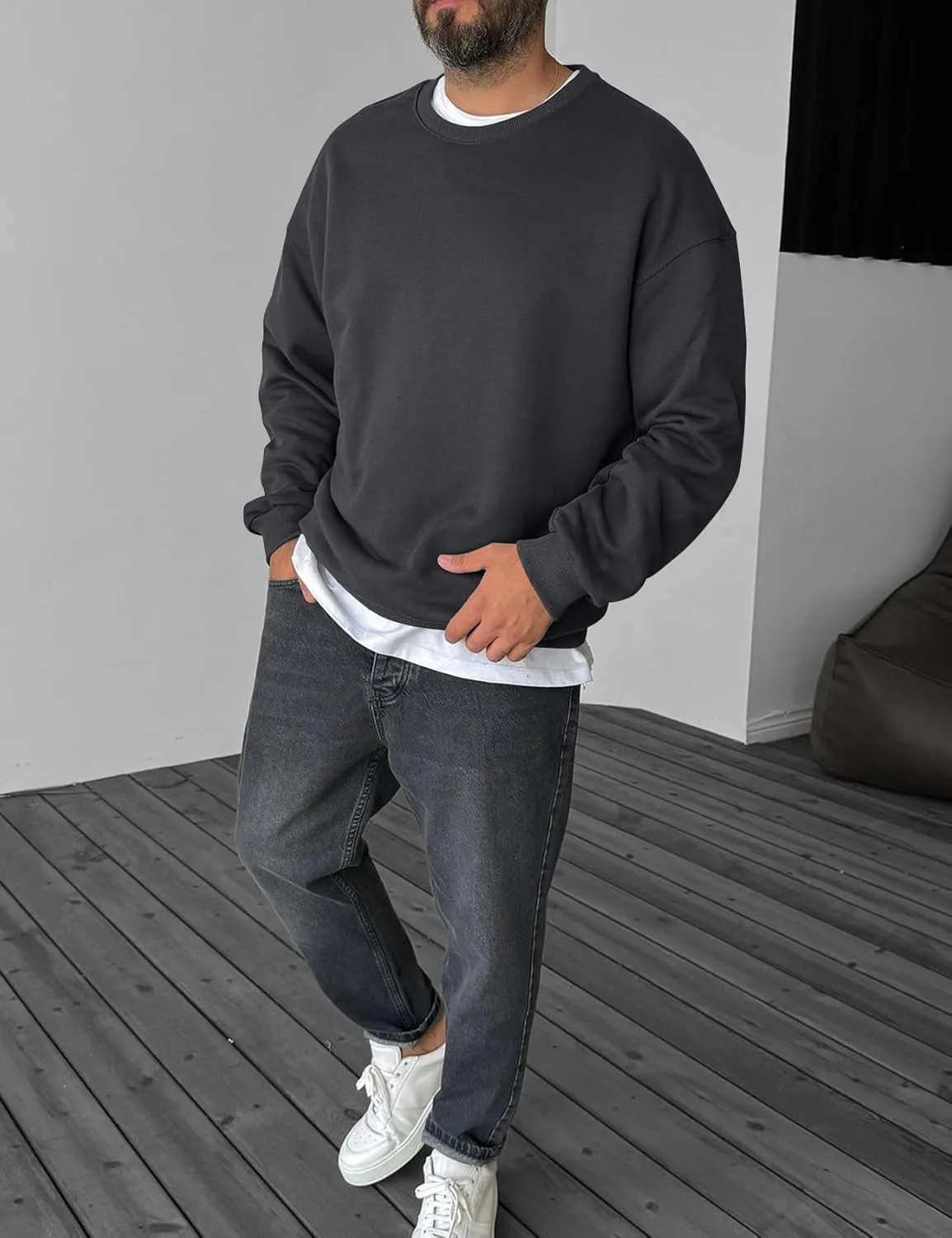 COZYPOIN Crewneck Sweatshirt for Men Long Sleeve Comfort Breathable Midweight Workout Casual Pullover Basic Sweatshirts