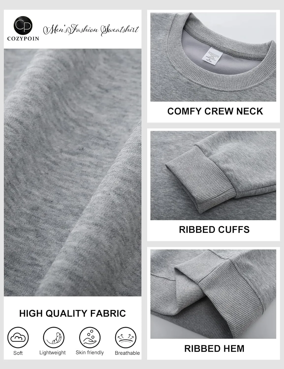 COZYPOIN Crewneck Sweatshirt for Men Long Sleeve Comfort Breathable Midweight Workout Casual Pullover Basic Sweatshirts