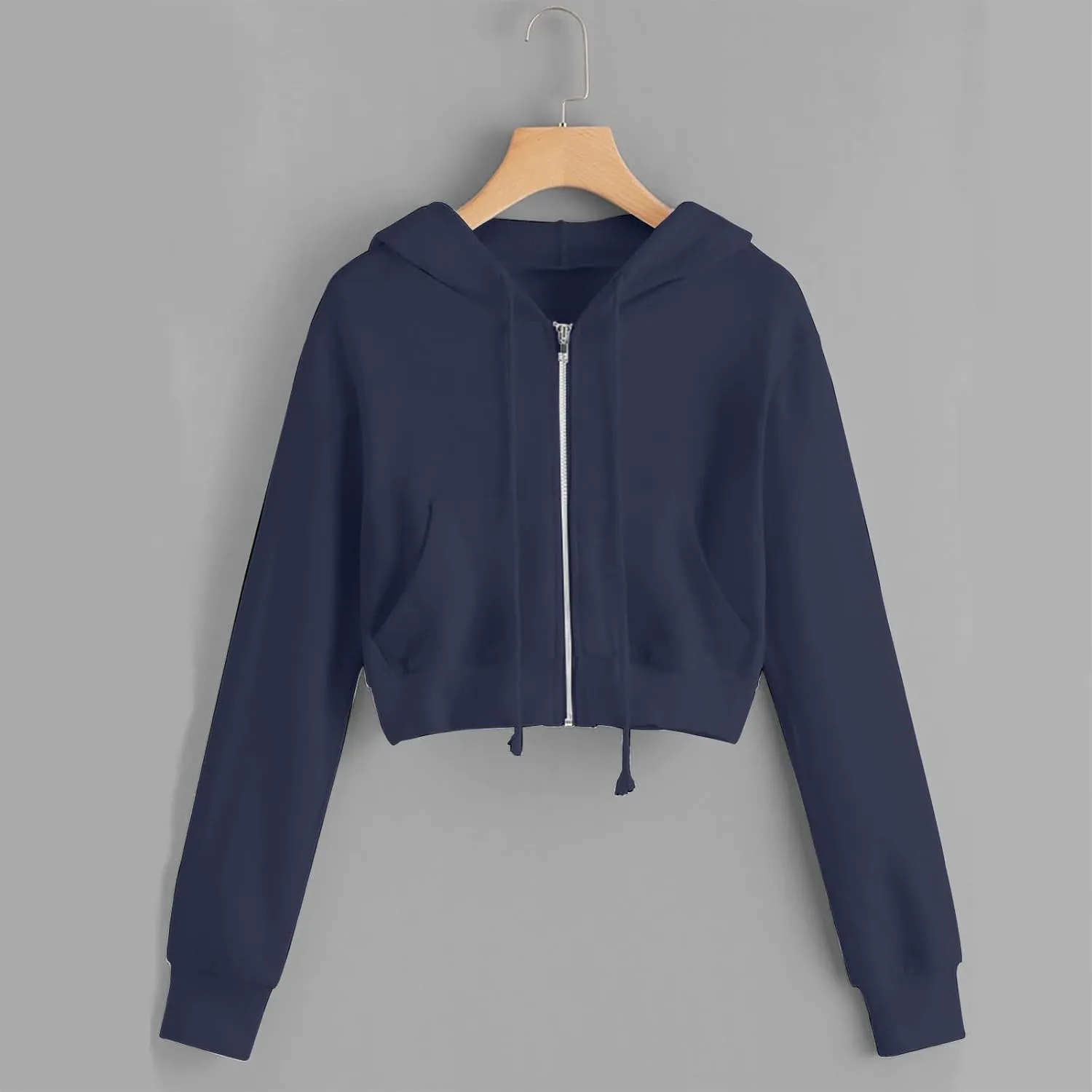 Cropped Hooded Sweatshirts for Women Fleece Full Zip Up Hoodies 90S Long Sleeve Y2k Clothes Jacket Top with Pockets