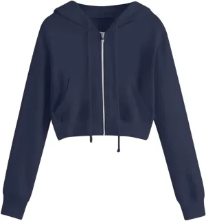 Cropped Hooded Sweatshirts for Women Fleece Full Zip Up Hoodies 90S Long Sleeve Y2k Clothes Jacket Top with Pockets