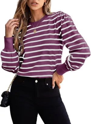 Dokotoo Women's Striped Sweaters Puff Long Sleeve Crewneck Ribbed Knit Pullover Jumper Tops