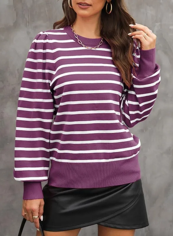 Dokotoo Women's Striped Sweaters Puff Long Sleeve Crewneck Ribbed Knit Pullover Jumper Tops