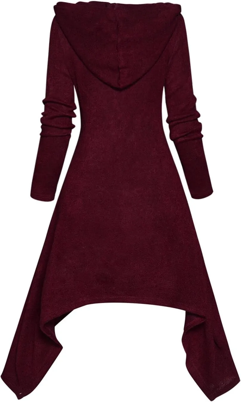 DRESSFO Women's 2024 Fall Open Front Hooded Knit Faux Twinset Cardigans Asymmetric Longline Horn Button 2 in 1 Top