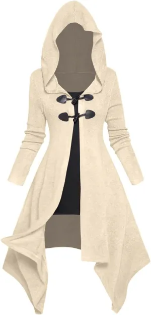 DRESSFO Women's 2024 Fall Open Front Hooded Knit Faux Twinset Cardigans Asymmetric Longline Horn Button 2 in 1 Top