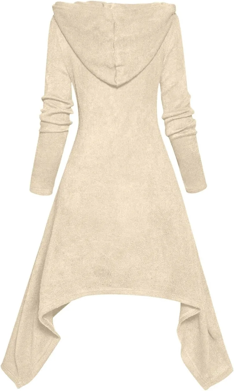 DRESSFO Women's 2024 Fall Open Front Hooded Knit Faux Twinset Cardigans Asymmetric Longline Horn Button 2 in 1 Top