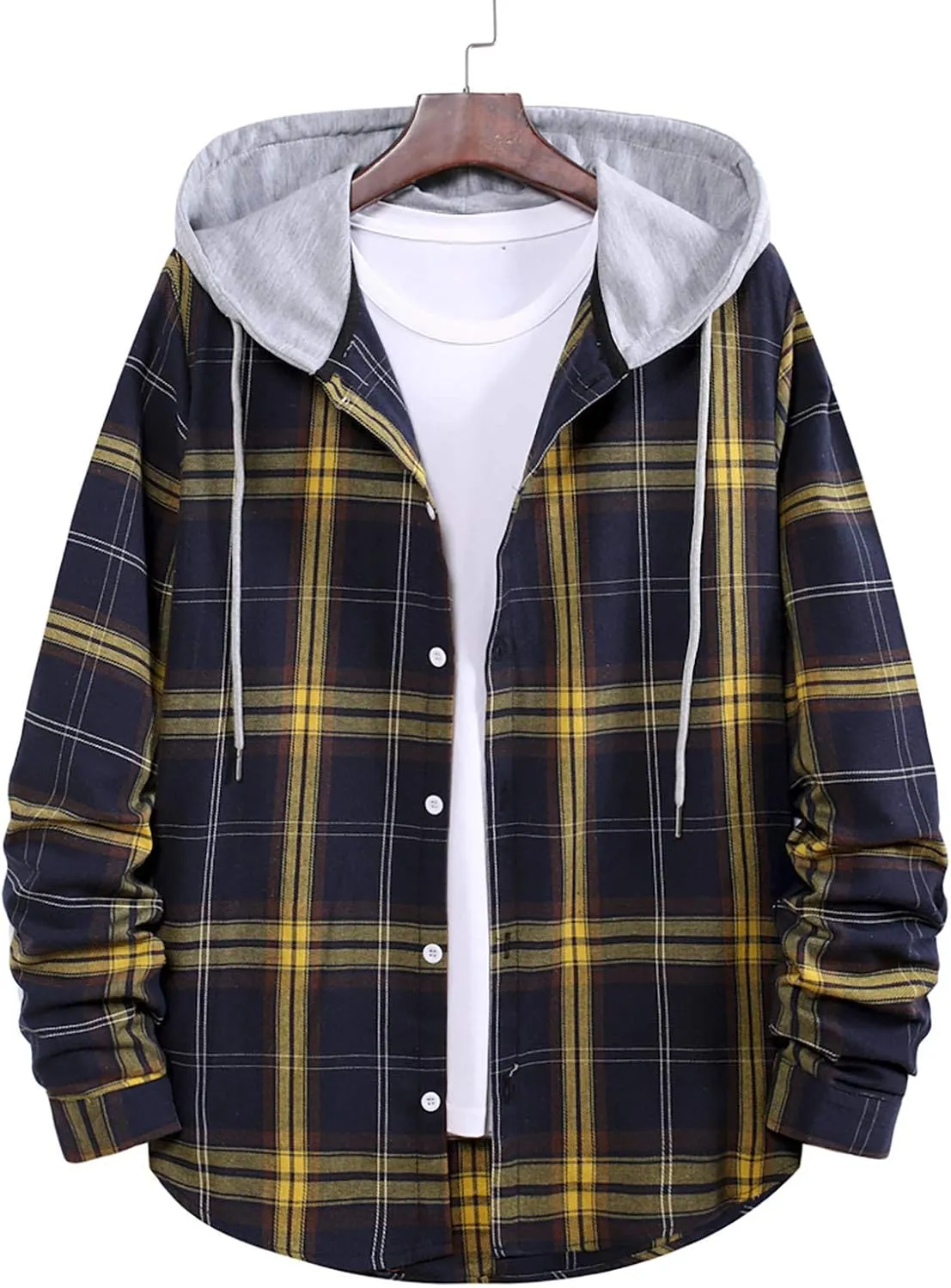 DuDubaby Fall Clothes for Men Fashion Hooded and Plaid Long Sleeve Shirt Jacket Coat