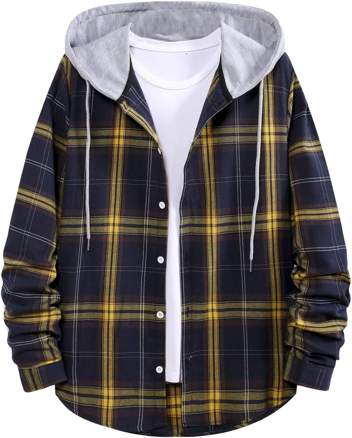 DuDubaby Fall Clothes for Men Fashion Hooded and Plaid Long Sleeve Shirt Jacket Coat