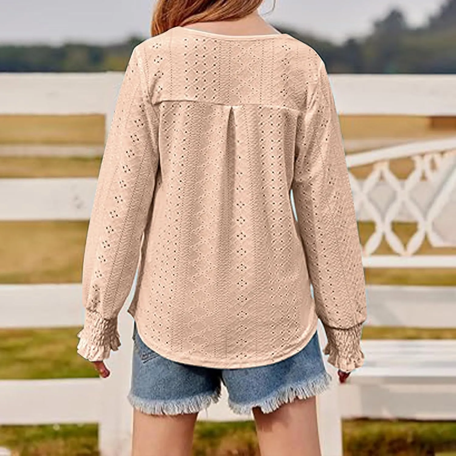 Eyelet Lace Sweatshirt Girls Long Sleeve Crewneck Lightweight Pullover Relaxed Casual Daily Cute Essential