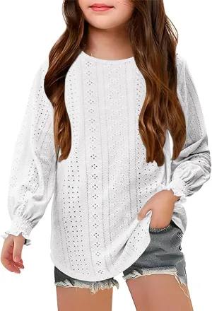 Eyelet Lace Sweatshirt Girls Long Sleeve Crewneck Lightweight Pullover Relaxed Casual Daily Cute Essential