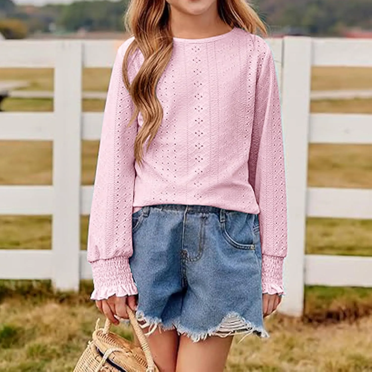 Eyelet Lace Sweatshirt Girls Long Sleeve Crewneck Lightweight Pullover Relaxed Casual Daily Cute Essential